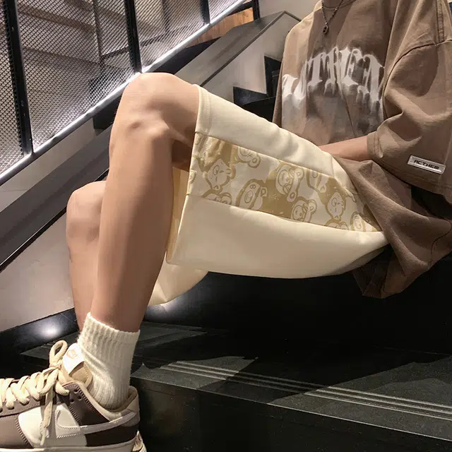 棉基因 美式高街潮牌复古宽松简约小熊印花多色中腰系带五分休闲短裤 男女同款