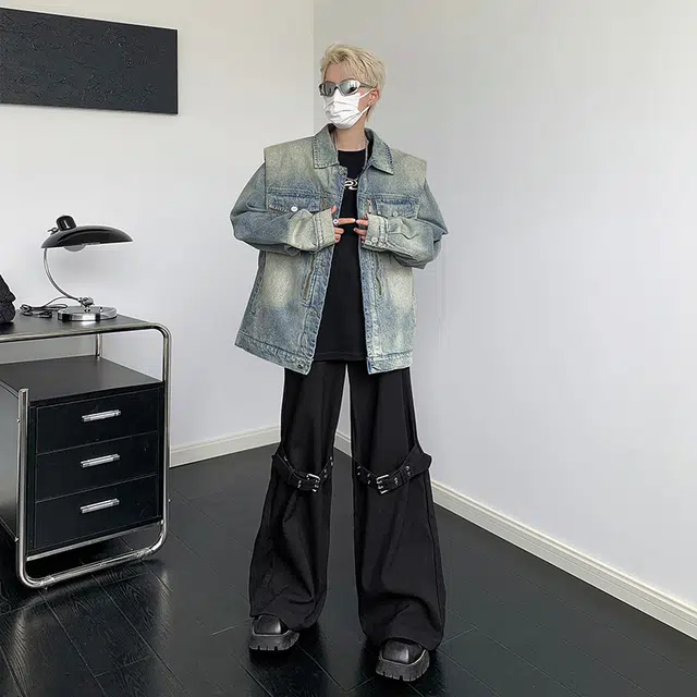 棉基因 美式复古水洗做旧嘻哈街头拉链设计翻领宽松简约高街运动潮流时尚百搭牛仔外套 男女同款