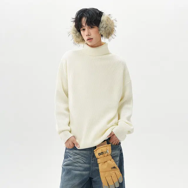 棉基因 美式学院文艺风高级感针织纹理纯色简约长袖立领套头上衣保暖舒适柔软宽松休闲毛衣 男女同款