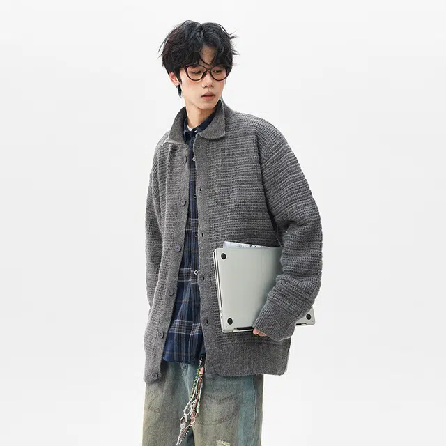 棉基因 老钱风高级感纹理设计款针织开衫时尚百搭简约长袖立领拉链保暖宽松休闲毛衣 男女同款