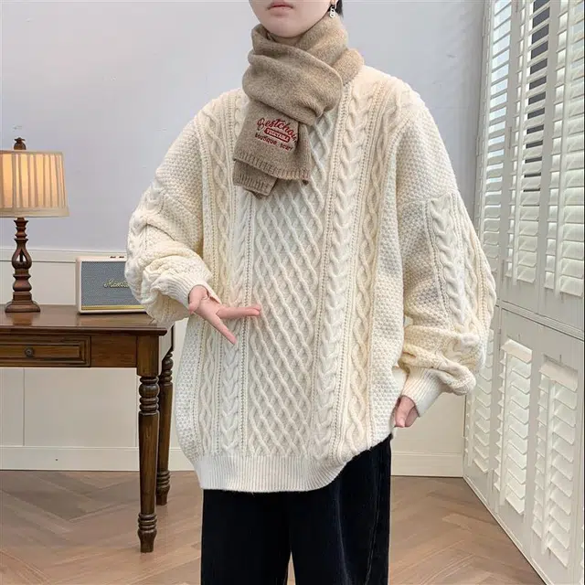 棉基因 文艺风美式高街潮牌基础款麻花纹理简约纯色毛线衣外套休闲宽松垂感柔软舒适日常通勤潮流百搭长袖针织毛衣 男女同款