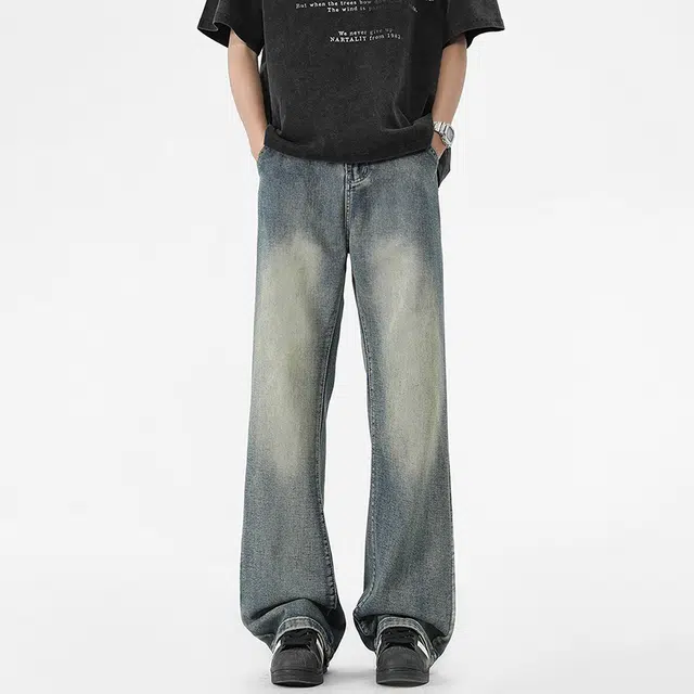 棉基因 美式高街复古磨白水洗做旧时尚直筒垂感宽松简约休闲百搭微喇显高显瘦氛围感基础款牛仔裤 男女同款