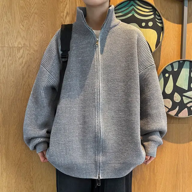 棉基因 老钱风复古高街保暖立领纯色简约流百搭开衫设计款高级感宽松休闲日常时尚纹理线衫长袖外套针织毛衣 男女同款