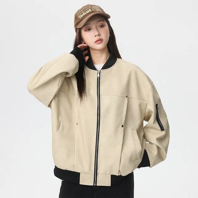 棉基因 巴恩风美拉德学院风复古运动水洗皮衣宽松休闲防风保暖纯色棒球领柳钉设计飞行员工装夹克 男女同款