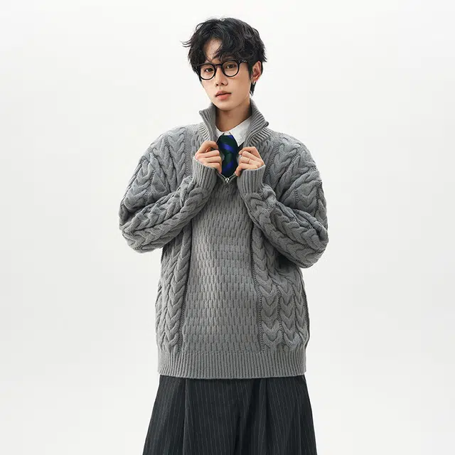 棉基因 美式复古不规则拼接结构设计款软糯懒感麻花纹理学院风休闲时尚宽松舒适保暖落肩长袖毛衣 男女同款