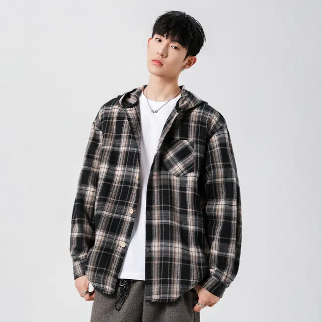 棉基因 美式复古时尚简约拼接撞色格子学院风宽松休闲落肩百搭舒适亲肤透气单排扣开衫衬衫 男女同款