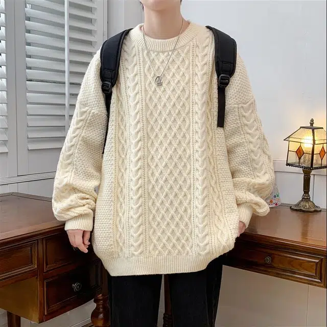 棉基因 文艺风美式高街潮牌基础款麻花纹理简约纯色毛线衣外套休闲宽松垂感柔软舒适日常通勤潮流百搭长袖针织毛衣 男女同款