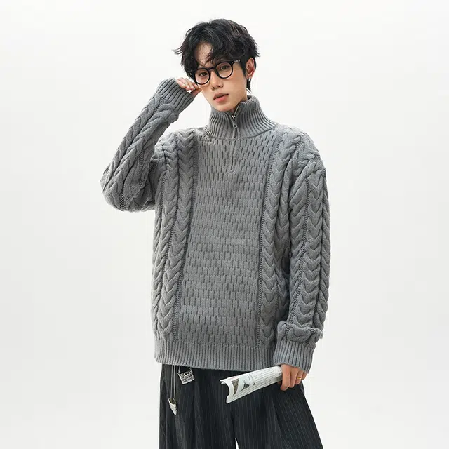 棉基因 美式复古不规则拼接结构设计款软糯懒感麻花纹理学院风休闲时尚宽松舒适保暖落肩长袖毛衣 男女同款