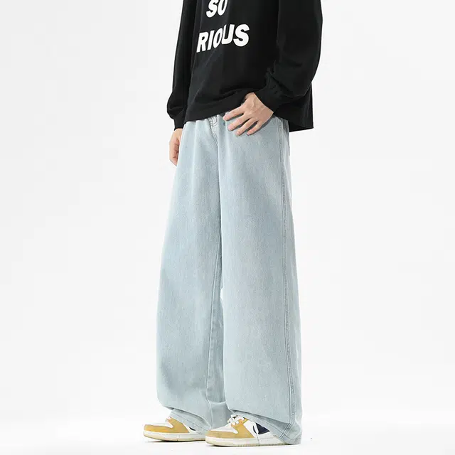 棉基因 美式高街纯色简约基础款宽松直筒垂感百搭日常通勤中腰弹力舒适透气牛仔裤 男女同款