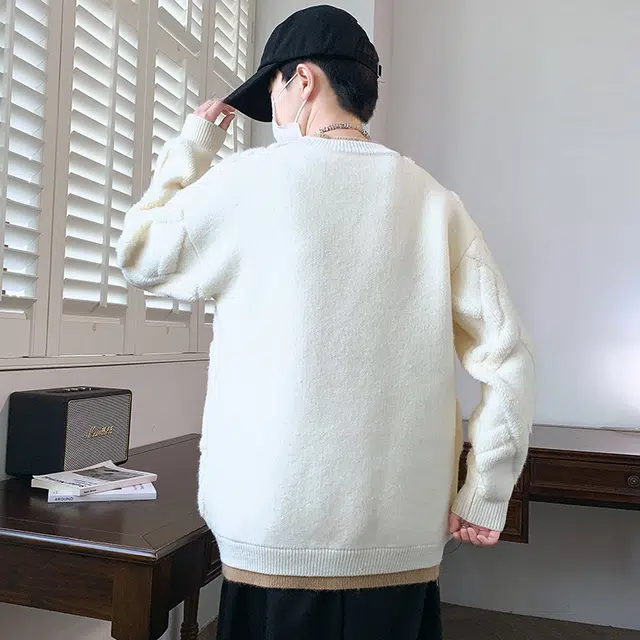 棉基因 美式复古老钱风简约圆领假两件麻花纹理结构设计款宽松保暖打底衫小众情侣秋季穿搭休闲针织毛衣 男女同款