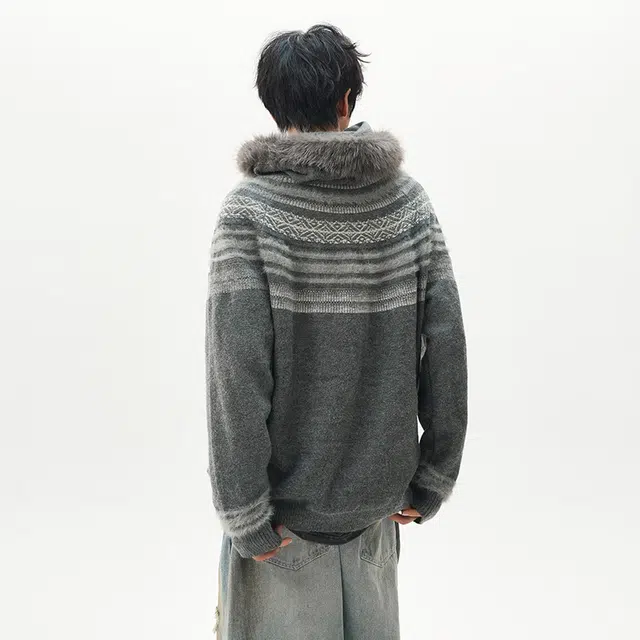 棉基因 费尔岛提花撞色柔软舒适加厚保暖御寒连帽毛领腰果花基础款百搭时尚宽松休闲打底衣针织毛衣 男女同款