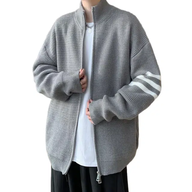 棉基因 美式复古拼接条纹三杠时尚简约基础款高级感休闲通勤宽松百搭保暖双拉链设计半高领慵懒长袖针织开衫毛衣 男女同款