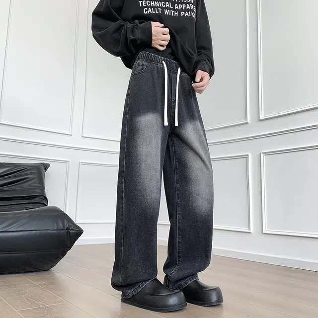 棉基因 美式高街复古磨白水洗做旧废土风宽松中腰直筒垂感舒适百搭牛仔裤 男女同款