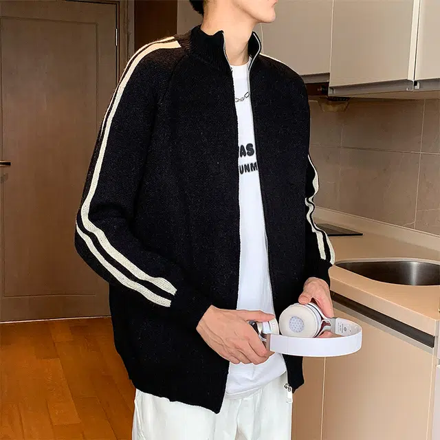 棉基因 美式学院风侧边条纹撞色简约复古潮流纯色基础款百搭线衣针织外套毛衣 男女同款