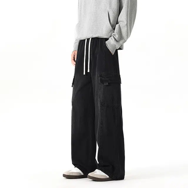 棉基因 美式复古水洗做旧废土风高街休闲拼接简约直筒垂感舒适通勤潮流百搭工装牛仔裤 男女同款