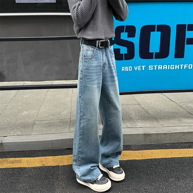 棉基因 美式高街时尚简约水洗做旧复古磨白宽松直筒垂感中腰休闲百搭牛仔裤 男女同款