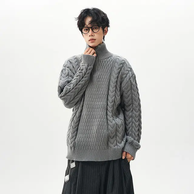 棉基因 美式复古不规则拼接结构设计款软糯懒感麻花纹理学院风休闲时尚宽松舒适保暖落肩长袖毛衣 男女同款