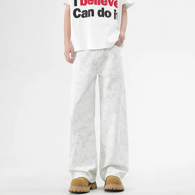 棉基因 纯棉扎染美式高街水洗做旧宽松简约复古运动直筒垂感休闲百搭基础款牛仔裤 男女同款