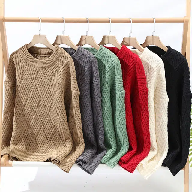 棉基因 文艺风纯色慵懒风菱形结构纹理百搭长袖针织宽松情侣美式复古外套潮流休闲亲肤套头打底毛衣 男女同款