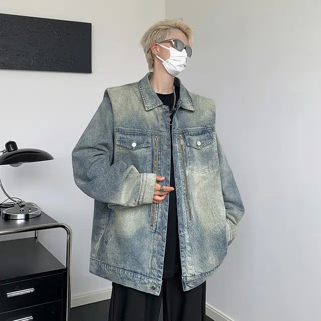 棉基因 美式复古水洗做旧嘻哈街头拉链设计翻领宽松简约高街运动潮流时尚百搭牛仔外套 男女同款