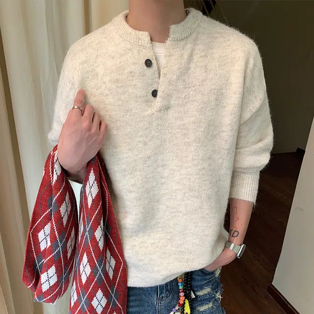 棉基因 美式复古老钱风纯色基础款休闲百搭简约高级街头无性别主义日常通勤宽松落肩圆领加厚套头针织毛衣 男女同款
