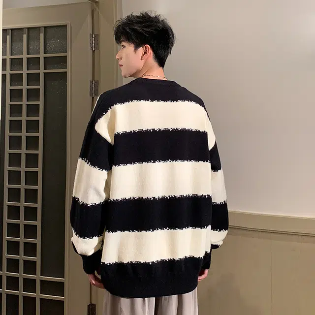 棉基因 美式潮牌黑白条纹撞色慵懒舒适亲肤圆领套头打底针宽松休闲日常通勤长袖毛衣 男女同款