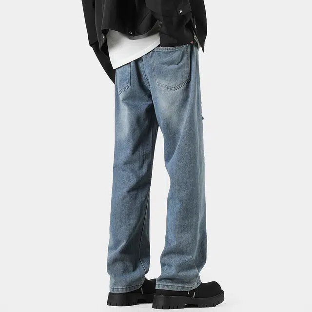 棉基因 破洞复古基础纯色垂感宽松阔腿高街美式做旧水洗休闲运动显瘦街头风牛仔裤 男女同款