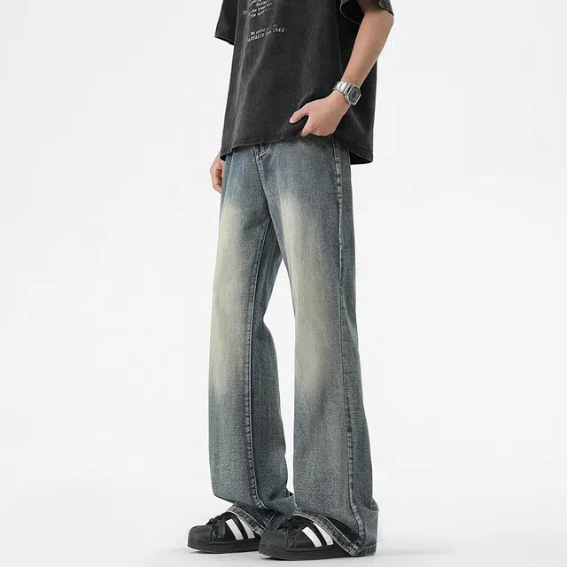 棉基因 美式高街复古磨白水洗做旧时尚直筒垂感宽松简约休闲百搭微喇显高显瘦氛围感基础款牛仔裤 男女同款