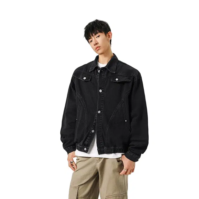 棉基因 美式复古校园风水洗做旧宽松简约高街潮流时尚翻领百搭单排扣痞帅高级氛围感牛仔外套 男女同款