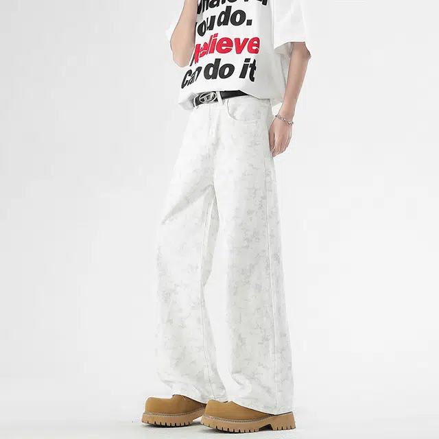 棉基因 纯棉扎染美式高街水洗做旧宽松简约复古运动直筒垂感休闲百搭基础款牛仔裤 男女同款