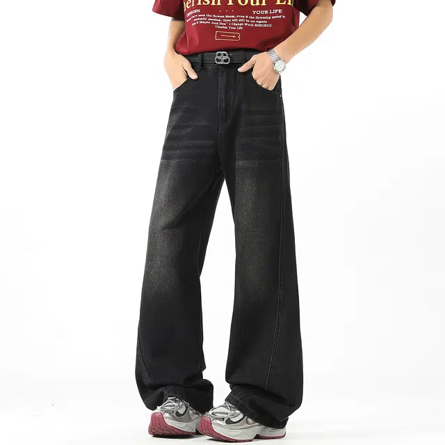 棉基因 复古做旧水洗基础款美式高街舒适亲肤透气通勤百搭挂件修饰微喇直筒牛仔裤 男女同款