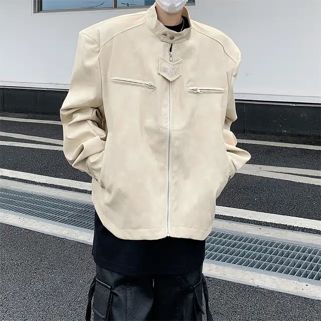 棉基因 美式高街美拉德复古水洗做旧宽松简约短款垫肩设计休闲百搭高级感擦色立领机车服飞行员皮夹克外套 男女同款