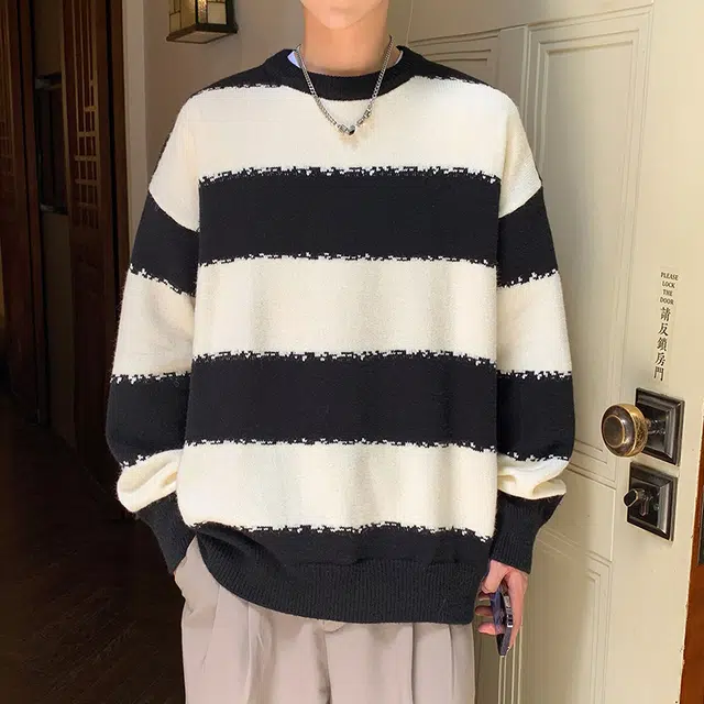 棉基因 美式潮牌黑白条纹撞色慵懒舒适亲肤圆领套头打底针宽松休闲日常通勤长袖毛衣 男女同款