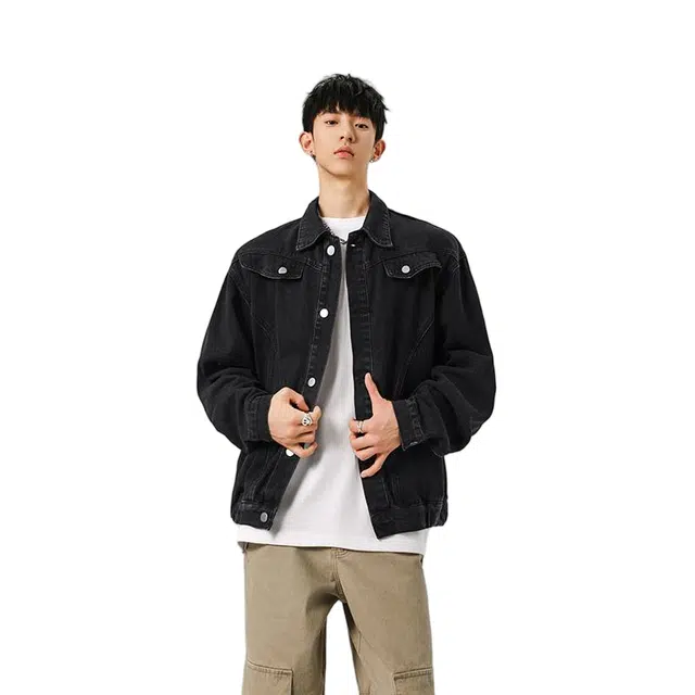 棉基因 美式复古校园风水洗做旧宽松简约高街潮流时尚翻领百搭单排扣痞帅高级氛围感牛仔外套 男女同款