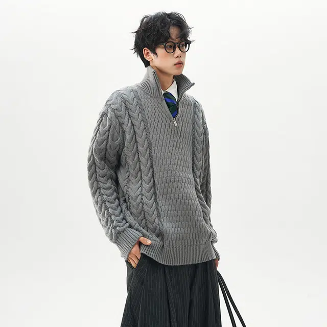 棉基因 美式复古不规则拼接结构设计款软糯懒感麻花纹理学院风休闲时尚宽松舒适保暖落肩长袖毛衣 男女同款