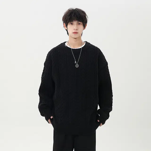 棉基因 文艺风编织肌理感纯色百搭麻花纹理圆领针织上衣结构设计款保暖宽松休闲毛衣 男女同款