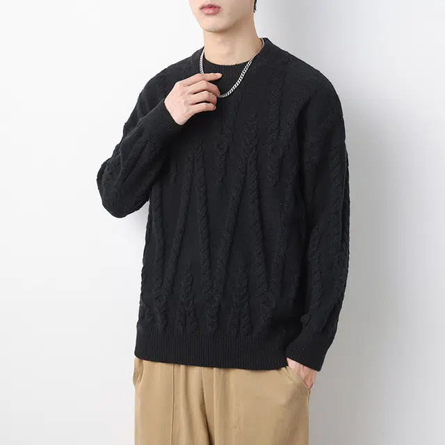 棉基因 纯色不规则提花情侣款秋冬季圆领针织线衫打底衫粗麻花宽松套头加绒加厚毛衣 男女同款