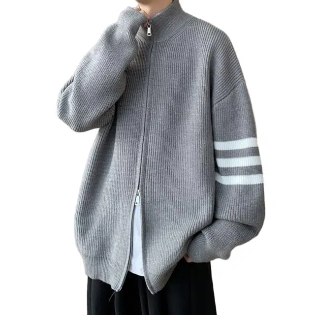 棉基因 美式复古拼接条纹三杠时尚简约基础款高级感休闲通勤宽松百搭保暖双拉链设计半高领慵懒长袖针织开衫毛衣 男女同款