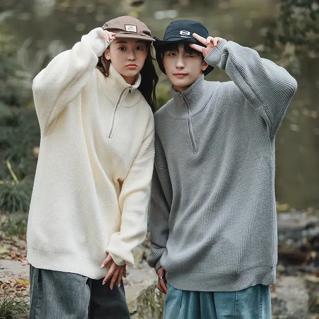 棉基因 美式高级感针织纹理纯色简约长袖立领拉链套头上衣保暖宽松休闲毛衣 男女同款