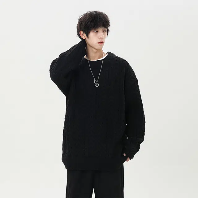 棉基因 文艺风编织肌理感纯色百搭麻花纹理圆领针织上衣结构设计款保暖宽松休闲毛衣 男女同款