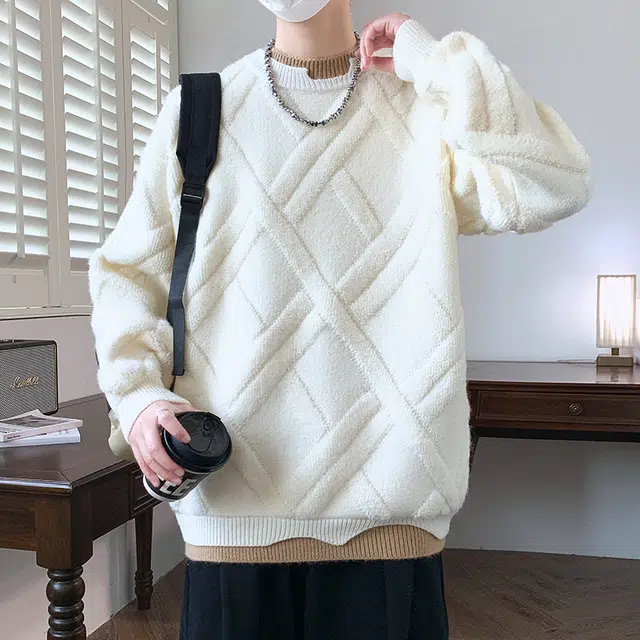 棉基因 美式复古老钱风简约圆领假两件麻花纹理结构设计款宽松保暖打底衫小众情侣秋季穿搭休闲针织毛衣 男女同款