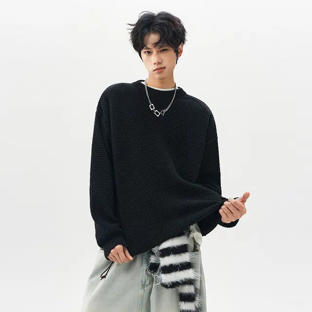 棉基因 老钱风复古高街设计款高级感针织打底上衣简约时尚圆领休闲百搭长袖毛衣 男女同款