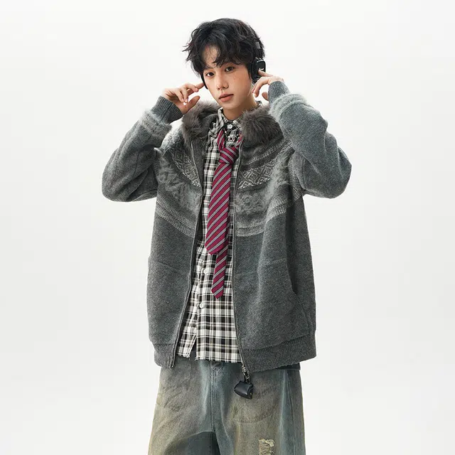 棉基因 费尔岛提花撞色柔软舒适加厚保暖御寒连帽毛领腰果花基础款百搭时尚宽松休闲打底衣针织毛衣 男女同款