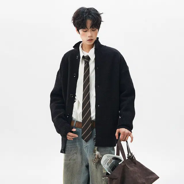 棉基因 老钱风高级感纹理设计款针织开衫纯色简约长袖立领拉链保暖宽松休闲毛衣 男女同款