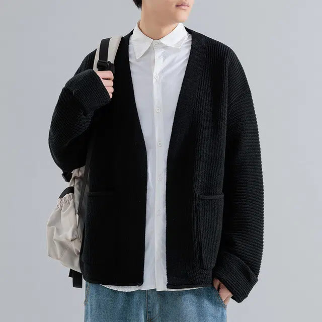 棉基因 美式复古简约高级纯色学院风慵懒风软糯时尚舒适保暖针织开衫宽松百搭休闲毛衣 男女同款