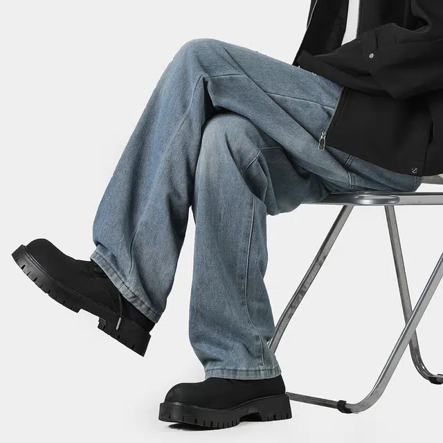 棉基因 破洞复古基础纯色垂感宽松阔腿高街美式做旧水洗休闲运动显瘦街头风牛仔裤 男女同款