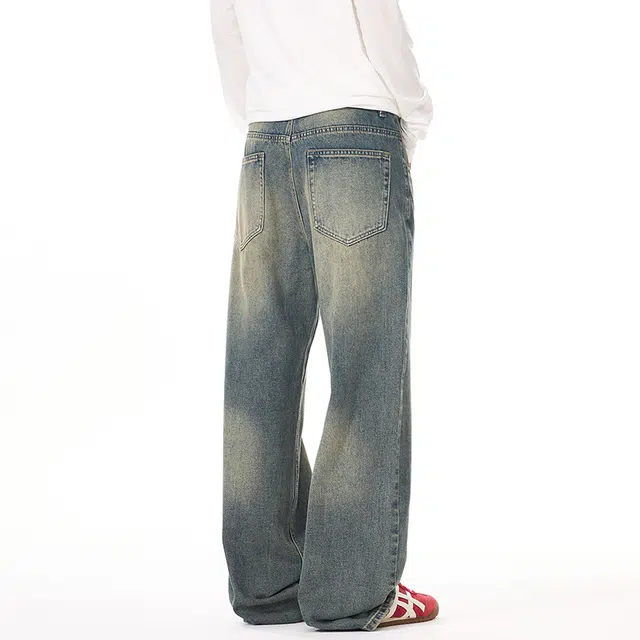 棉基因 美式高街水洗做旧磨破复古废土风宽松简约直筒垂感舒适百搭时尚潮流牛仔裤 男女同款