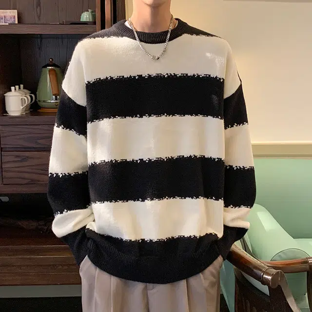 棉基因 美式潮牌黑白条纹撞色慵懒舒适亲肤圆领套头打底针宽松休闲日常通勤长袖毛衣 男女同款