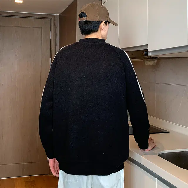 棉基因 美式学院风侧边条纹撞色简约复古潮流纯色基础款百搭线衣针织外套毛衣 男女同款