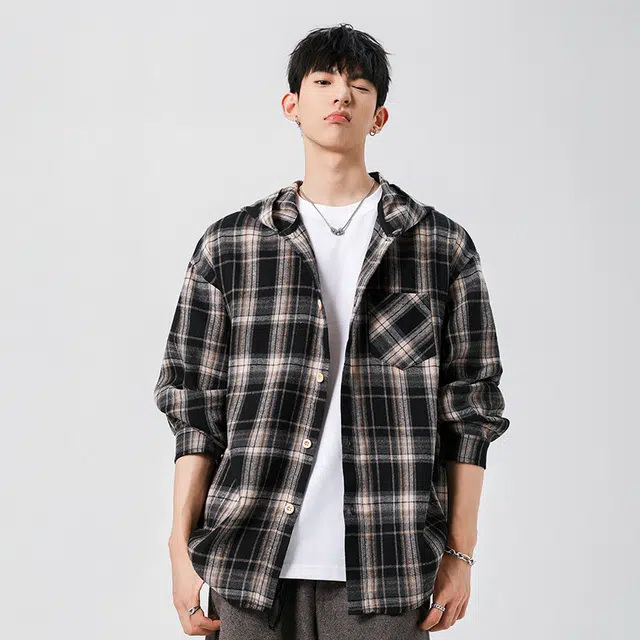 棉基因 美式复古时尚简约拼接撞色格子学院风宽松休闲落肩百搭舒适亲肤透气单排扣开衫衬衫 男女同款